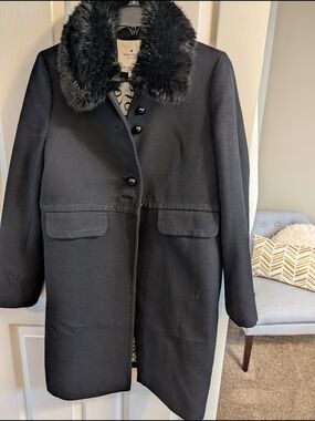 Kate Spade Black Faux-Fur Collar Wool Blend Coat
